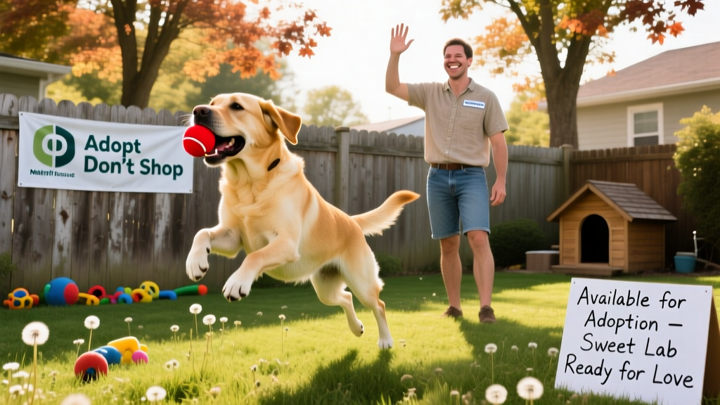A Labrador Retriever playing fetch in a fenced backyard with a smiling adult volunteer from a rescue organization