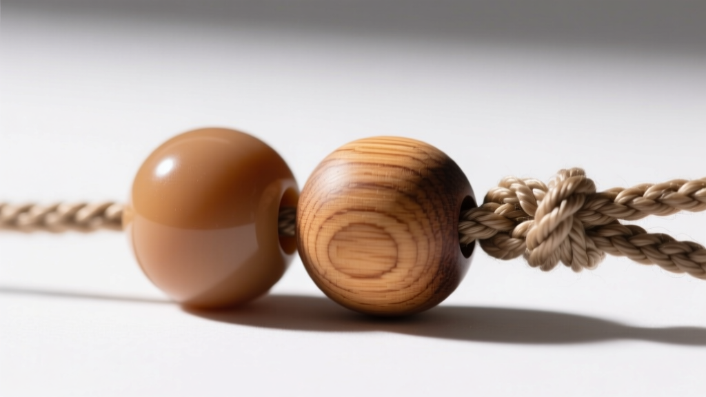 Macro shot of food-grade silicone bead beside untreated maple wood bead, showing smooth textures and secure nylon cord knotting.