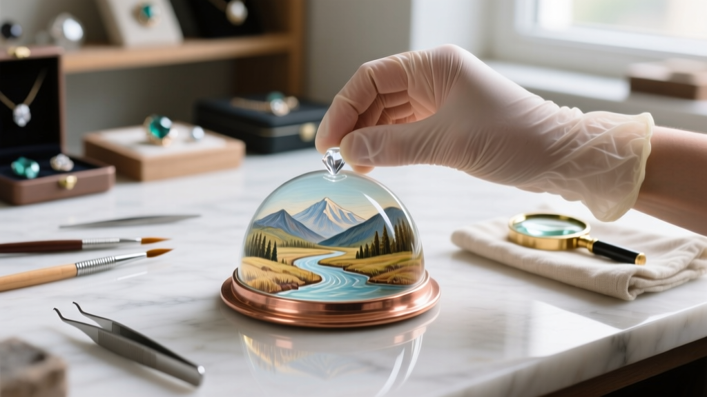 Macro shot of jeweler applying clear UV resin dome over tiny dried oil painting of landscape on copper enamel base, workbench.