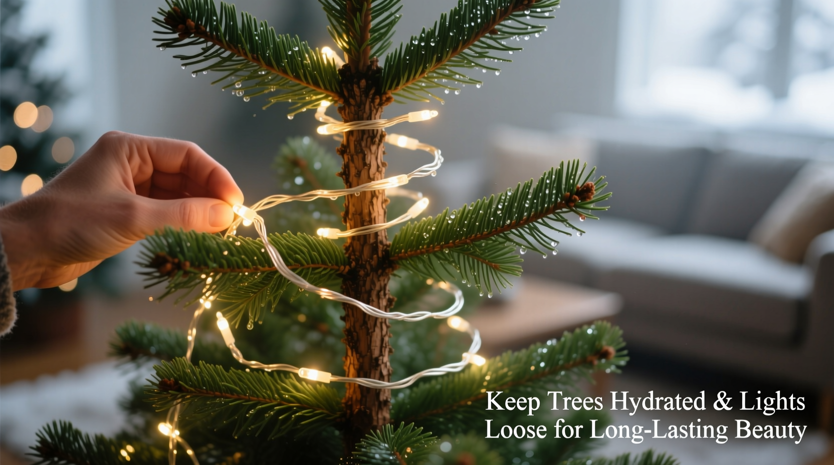 how to safely wrap fairy lights around a real pine christmas tree without drying needles faster