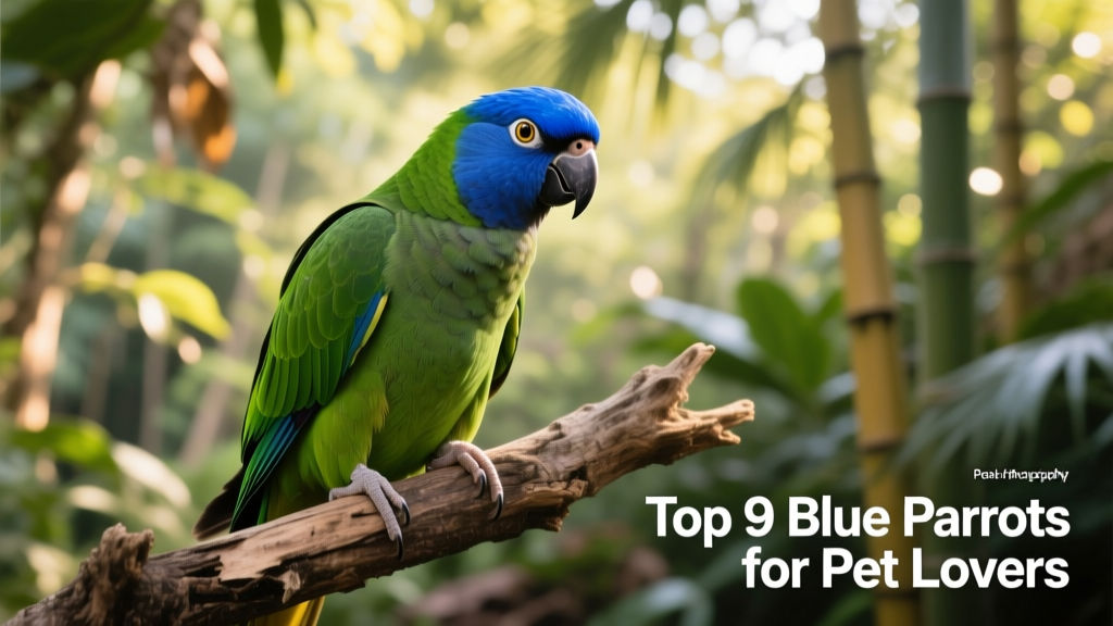 Blue-crowned conure perched on a natural branch, head tilted curiously, showing clear blue crown and green body