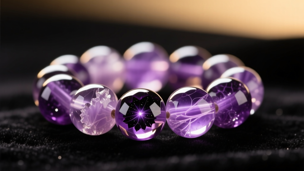 Macro view of purple sugilite beads showing dark matrix inclusions and high polish under warm directional lighting