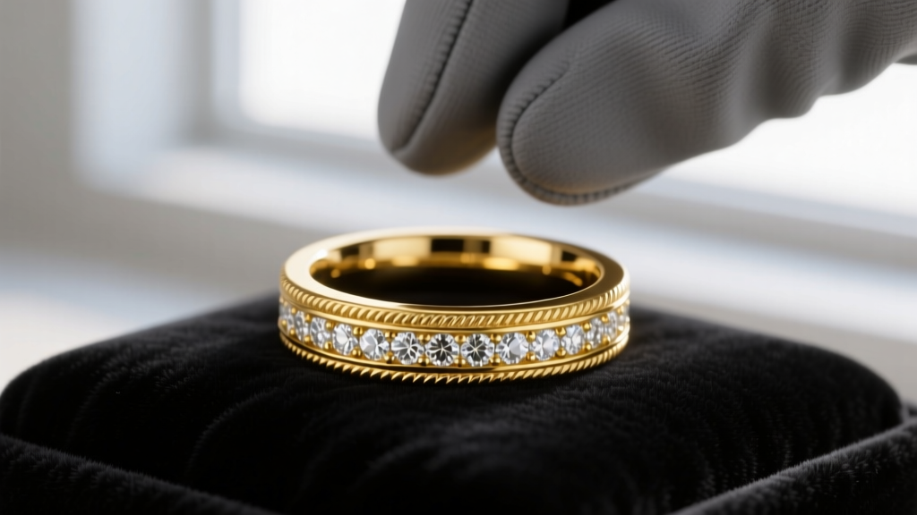 Close-up of a luxurious 18k yellow gold engagement ring resting on dark velvet, with a jeweler's loupe placed softly beside it.