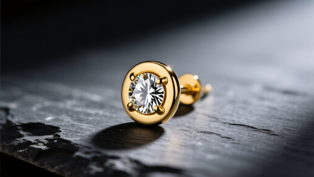 Macro shot of an 18k yellow gold bezel-set diamond stud earring resting on dark slate with dramatic side lighting and a sharp focus.