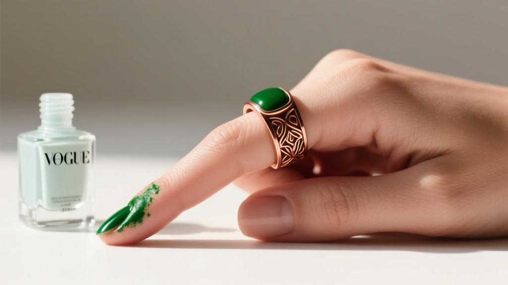 Close-up of a finger showing a green stain from a copper-alloy costume ring, with a small bottle of clear nail polish nearby.