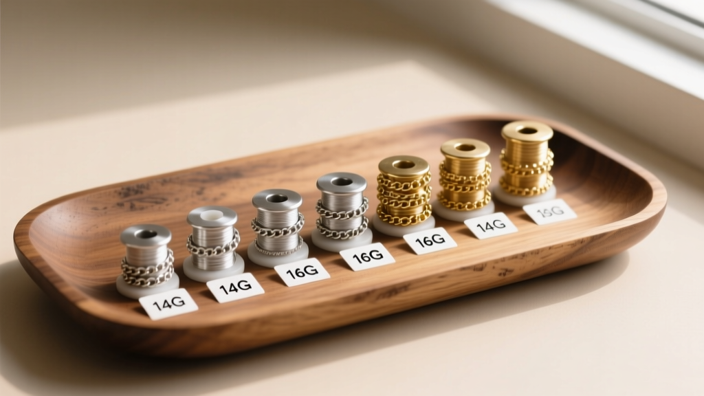 Wooden tray displaying spools of wholesale silver and gold-filled chains, tagged with gauge sizes for a permanent jewelry studio.