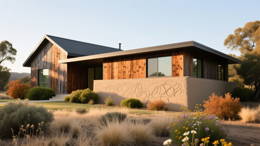 Modern rural farmhouse with reclaimed timber siding and a rammed earth foundation wall surrounded by native landscaping.