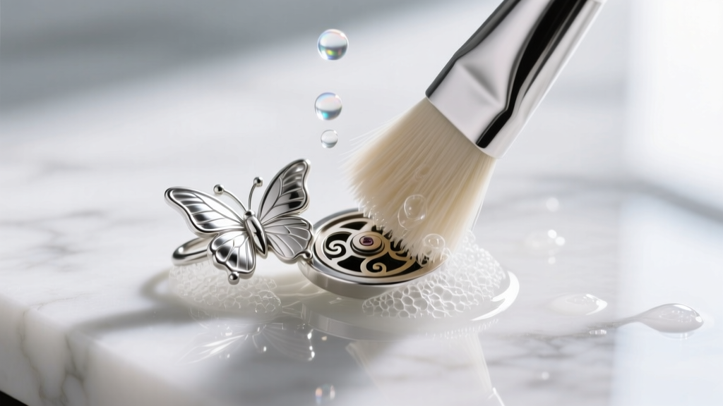 Close-up of a soft-bristled brush gently scrubbing the scroll mechanism of a sterling silver butterfly earring clutch in soapy water.