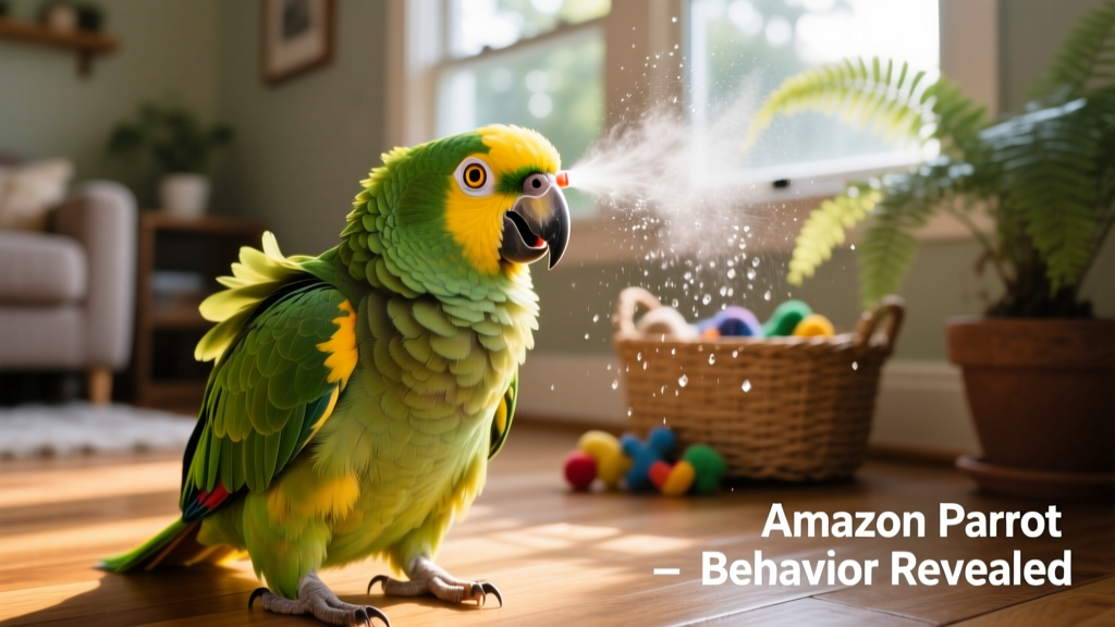 An Amazon parrot happily fluffing its feathers under a gentle mist from a spray bottle