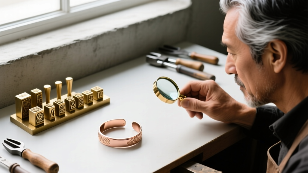 Overhead view of a workbench with brass font stamps, a rose gold cuff bracelet, and a jeweler