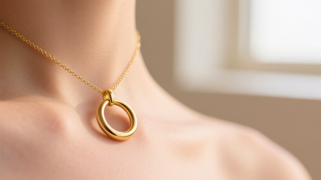 Close-up of a minimalist 14k yellow gold open circle pendant resting on a delicate 1.2mm box chain against soft, warm-toned skin