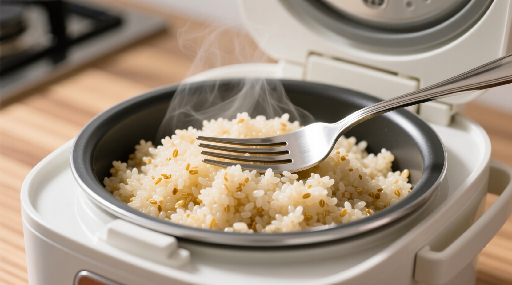 Fluffy quinoa in rice cooker bowl with fork
