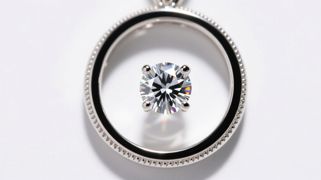 Macro shot of a diamond circle pendant bezel setting, showing the metal rim holding a 1.5mm round brilliant melee diamond clearly.