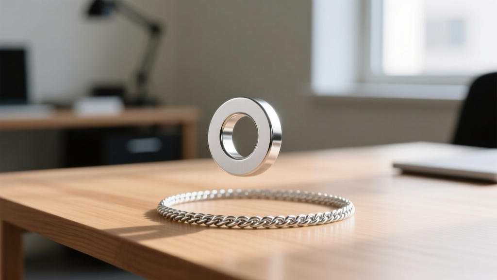 Neodymium magnet hovering over a silver rope chain on a wooden desk, demonstrating a non-magnetic authentication test for silver.