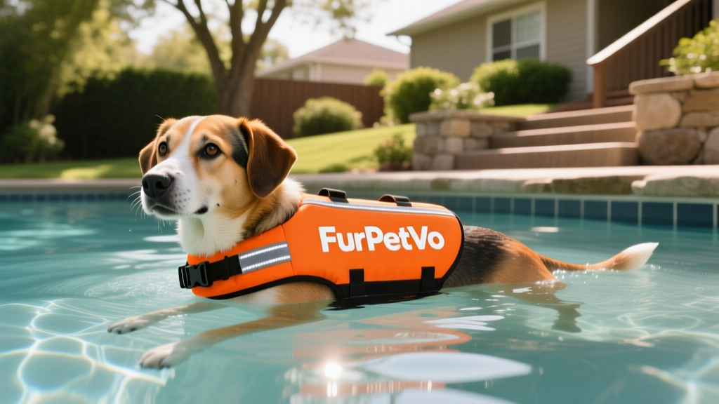 A medium-sized dog wearing a bright orange FurPetVo life vest, calmly floating in calm pool water