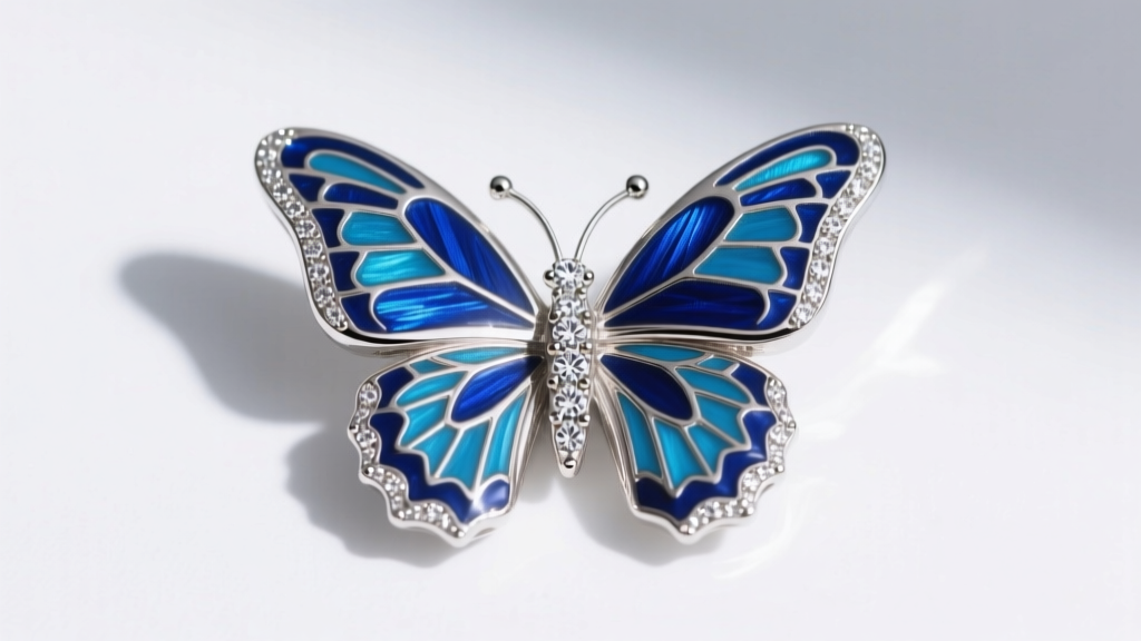 Macro shot of a sterling silver butterfly pendant with vibrant blue guilloché enamel wings and a pavé diamond-set body