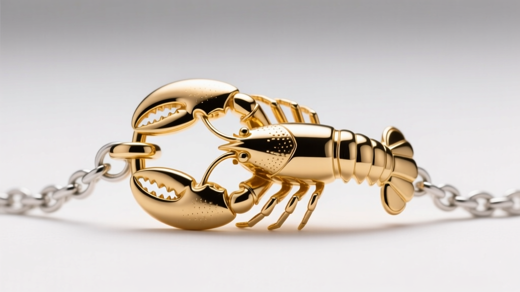 Macro shot of a gold lobster clasp on a chain, showing the jump ring and polished metal under bright studio lighting.