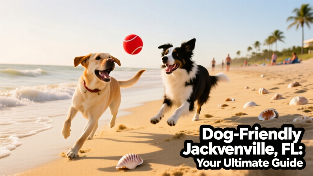 Two dogs playing fetch near the water at a sunny Jacksonville beach