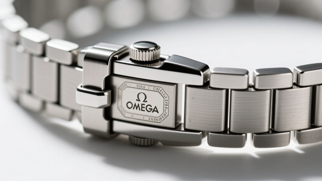 Macro close-up of a hidden box clasp on a silver omega chain, showing interlocking metal plates and the secure locking mechanism