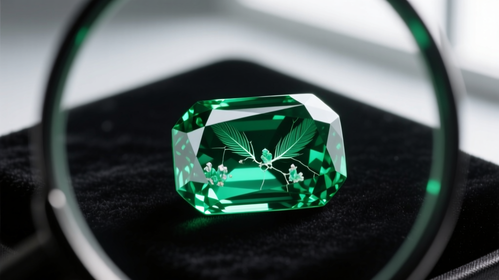 Macro loupe view of a pear-cut Colombian emerald showing natural inclusions and a 1.55 length-to-width ratio on a dark velvet mat.