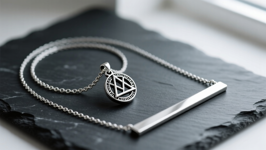 Flat lay on dark slate showing a 30mm silver Deathly Hallows pendant layered with a 2mm rolo chain and a minimalist bar necklace