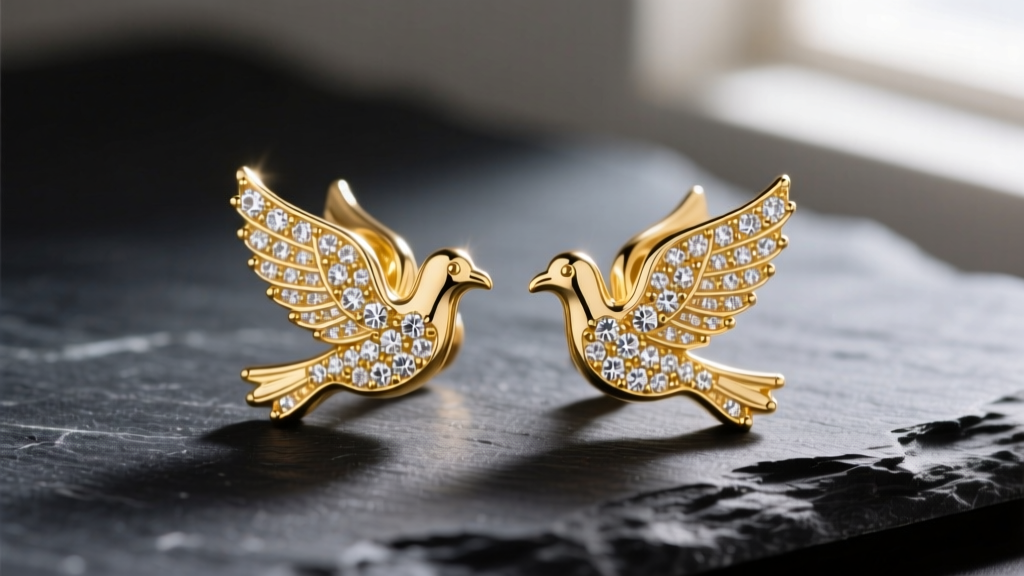 Close-up of 14k yellow gold dove stud earrings with pavé diamond wings, resting on dark slate with soft directional lighting.