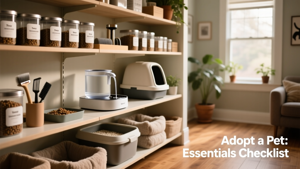 A neatly organized pet supply shelf showing labeled food containers, grooming tools, litter supplies, and a sleek water fountain