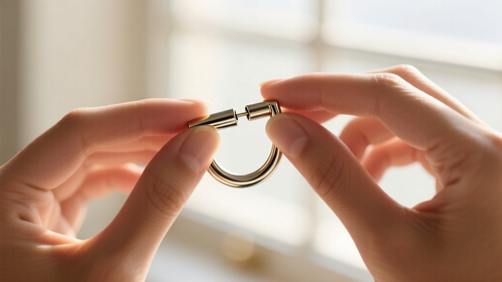 Hands opening a 16-gauge hinged clicker hoop earring, focusing on the seamless closure against a softly blurred background.