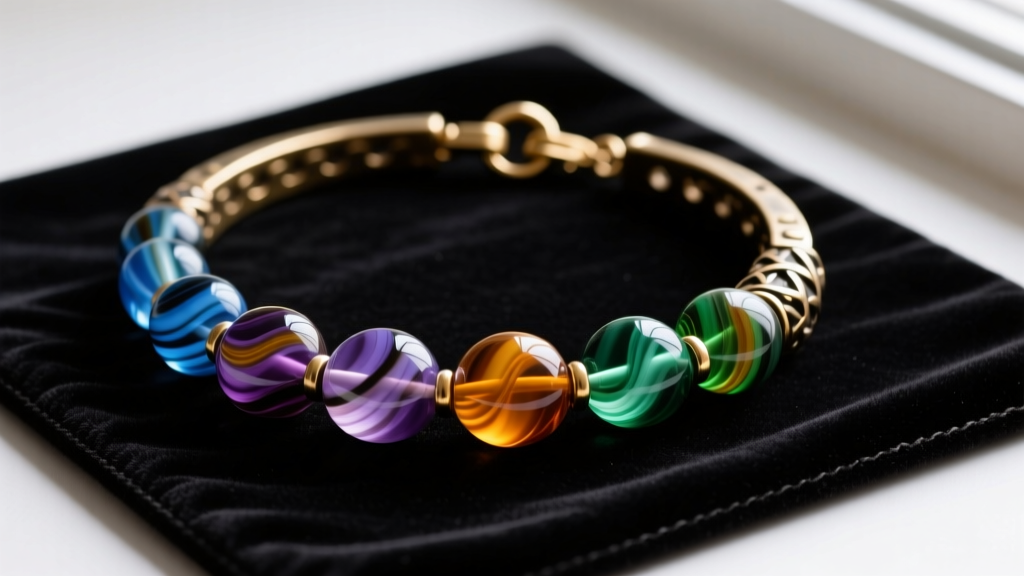 Close-up of a heavy artisan Treska necklace with colorful glass beads and a brass clasp on a dark velvet jewelry repair mat