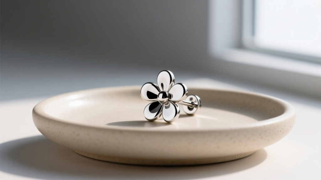 Close-up of an implant-grade titanium daisy earring with mirror finish, resting on a minimalist beige ceramic jewelry tray.