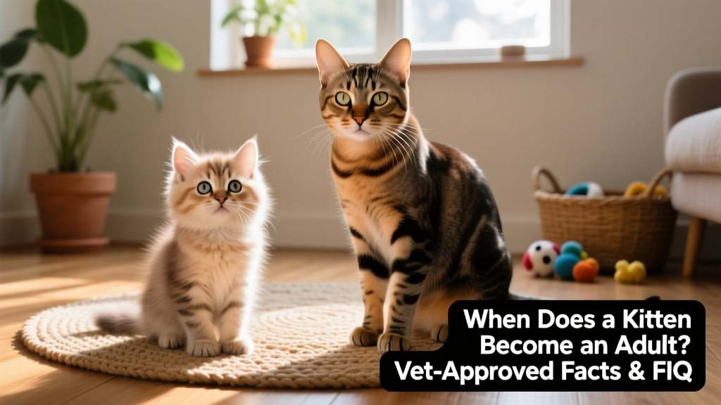 Side-by-side comparison of a fluffy 8-week-old kitten and a sleek, mature adult cat