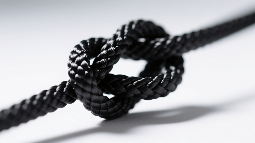 Macro shot of a black nylon snake knot on a 0.5mm cord, showing interlocking loops against a blurred white background