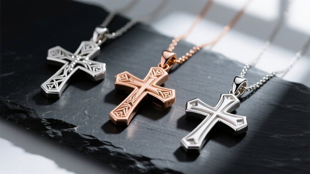 Macro shot of sideways cross pendants in sterling silver, rose gold, and platinum on dark slate for material comparison.