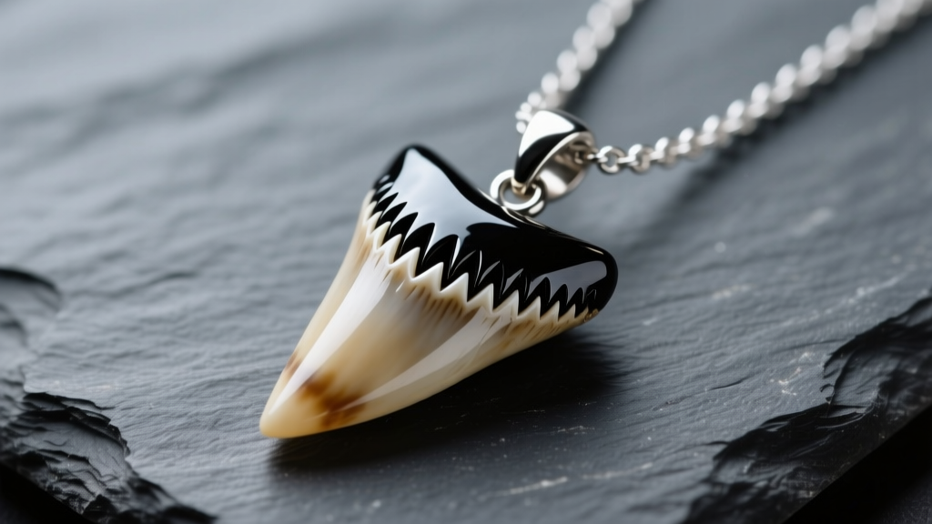 Macro shot of a polished 4-inch Megalodon fossil shark tooth necklace pendant on dark slate, highlighting black enamel and serrations