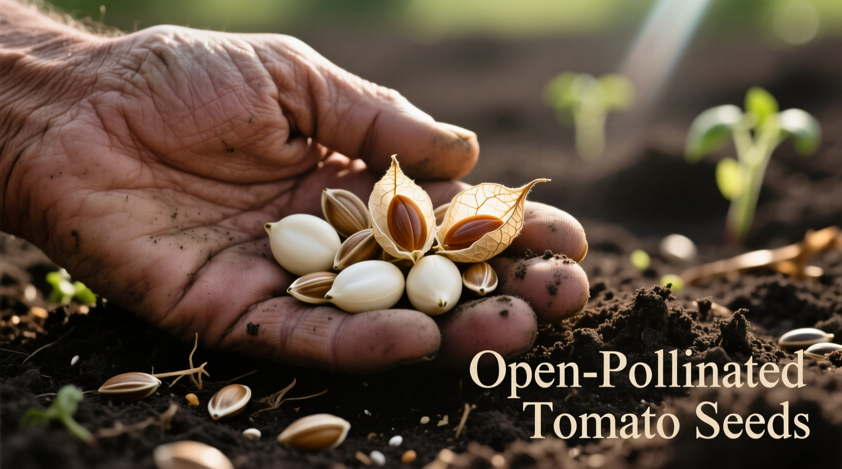 Hand holding open pollinated tomato seeds against soil background