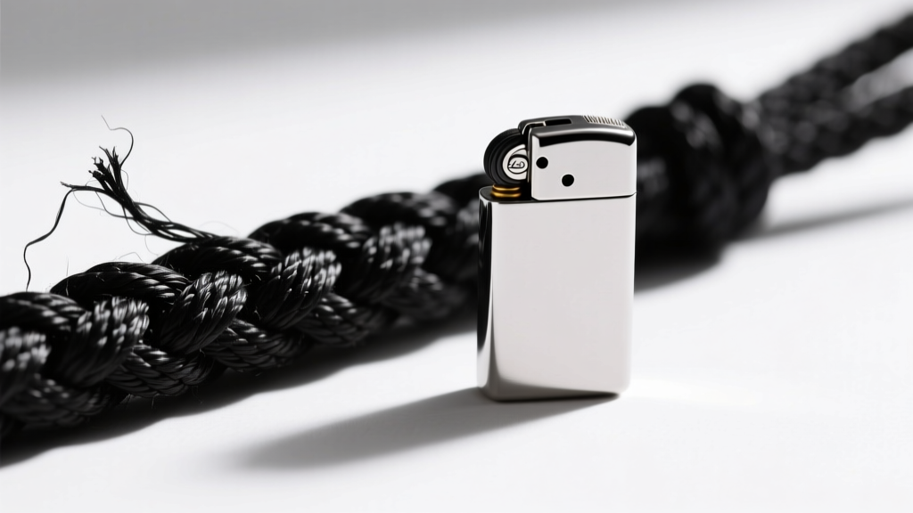 Macro shot of frayed black nylon macrame cord next to a precision jewelry lighter showing melted sealed ends on a white background.