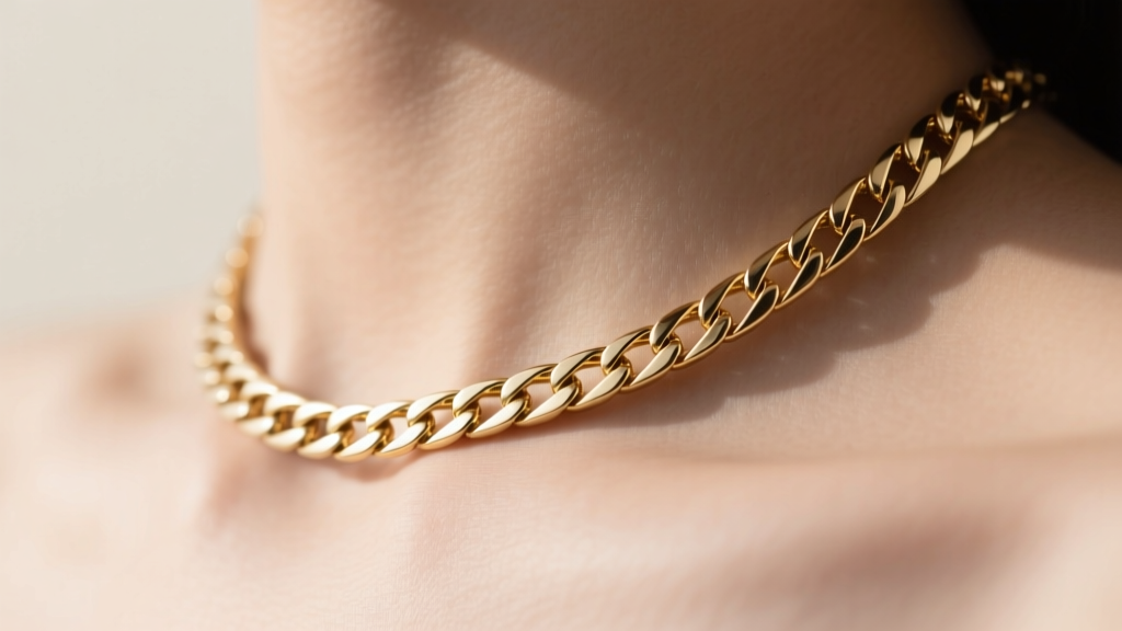 Close-up profile of a 6mm wide 18k gold herringbone chain on a collarbone, showcasing the flat V-shaped link pattern and high-polish finish.