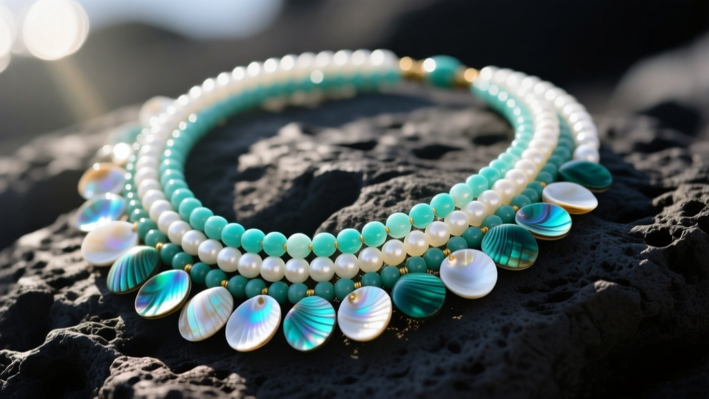 Close-up of a multi-strand traditional Hawaiian necklace made of tiny polished kahelelani shells resting on dark volcanic rock