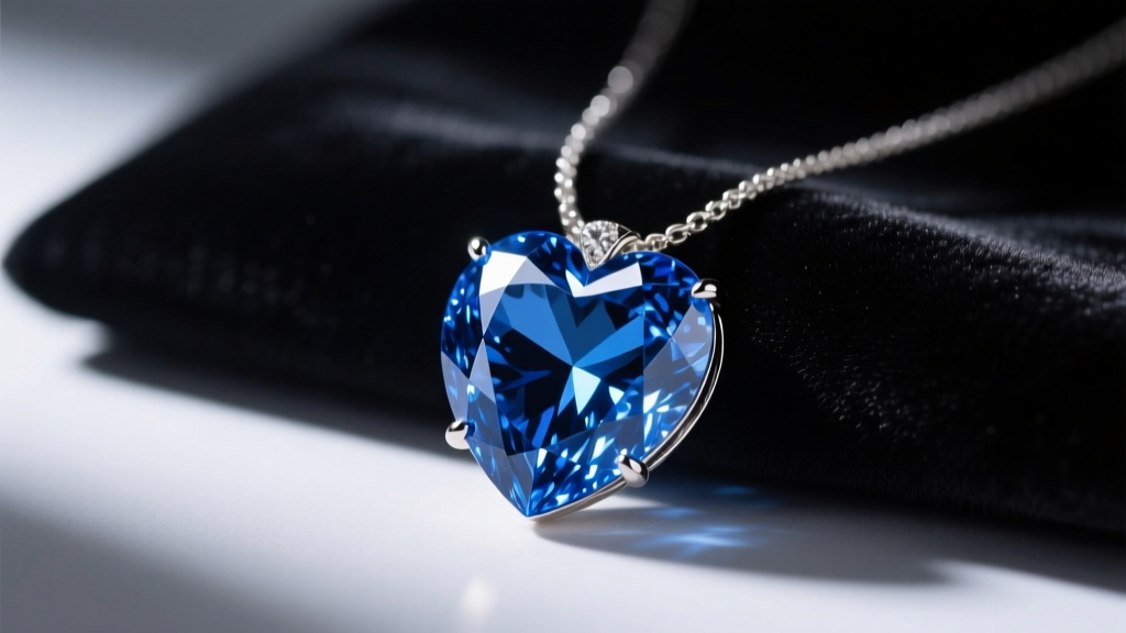 Close-up of a sparkling blue sapphire heart pendant necklace on dark velvet, illuminated by dramatic cinematic studio lighting