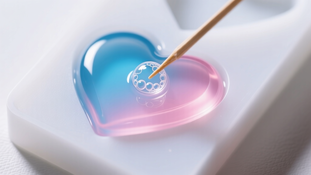 Top view of a silicone mold filled with UV resin casting a heart bead, using a toothpick to pop air bubbles under bright LED light.
