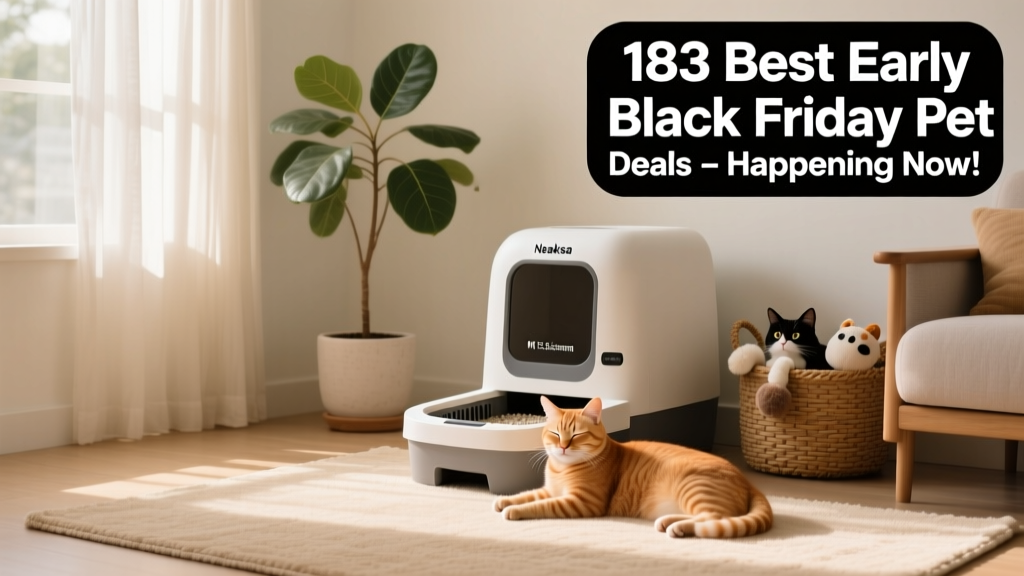 A Neakasa M1 self-cleaning litter box placed beside a tidy living room corner with a cat lounging nearby