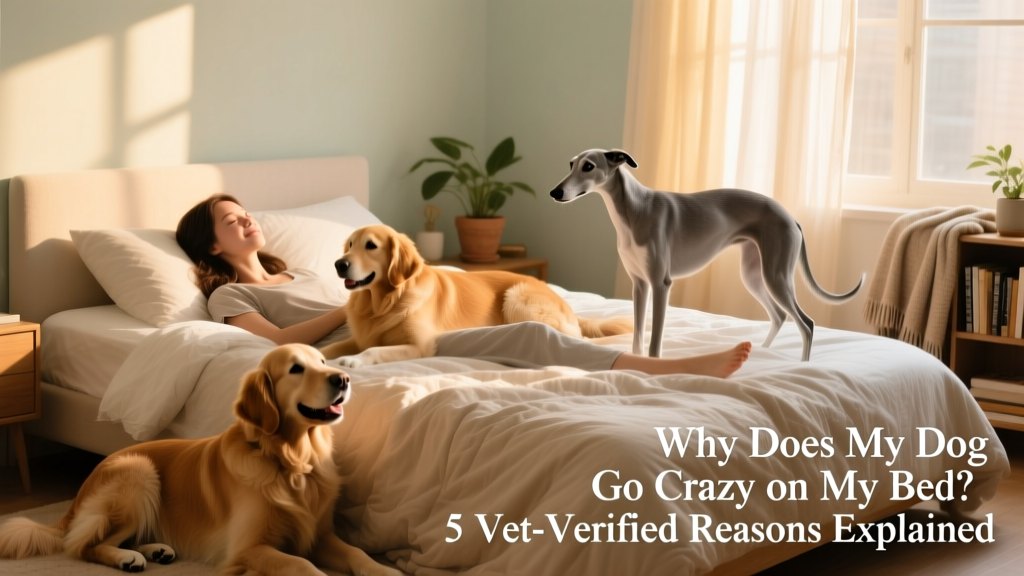 Young woman on a bed with three dogs