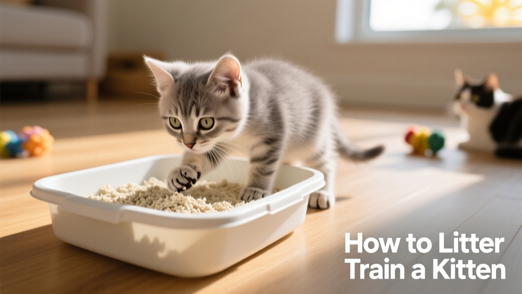 A curious 6-week-old kitten sniffing a shallow litter tray filled with unscented clumping litter