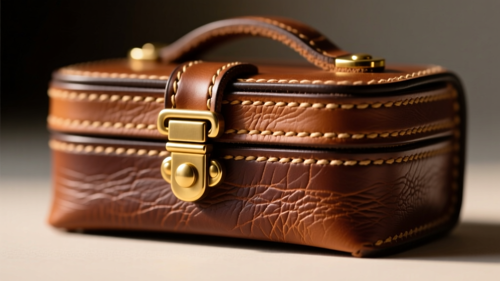 Close-up of full-grain leather stitching and solid brass hinges on a custom travel jewelry case under warm directional lighting.