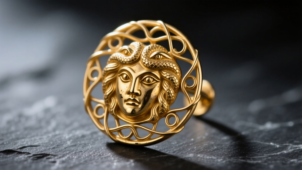 Macro photo of an ancient Greek gold earring with a gorgoneion motif and delicate wire filigree against a dark slate background