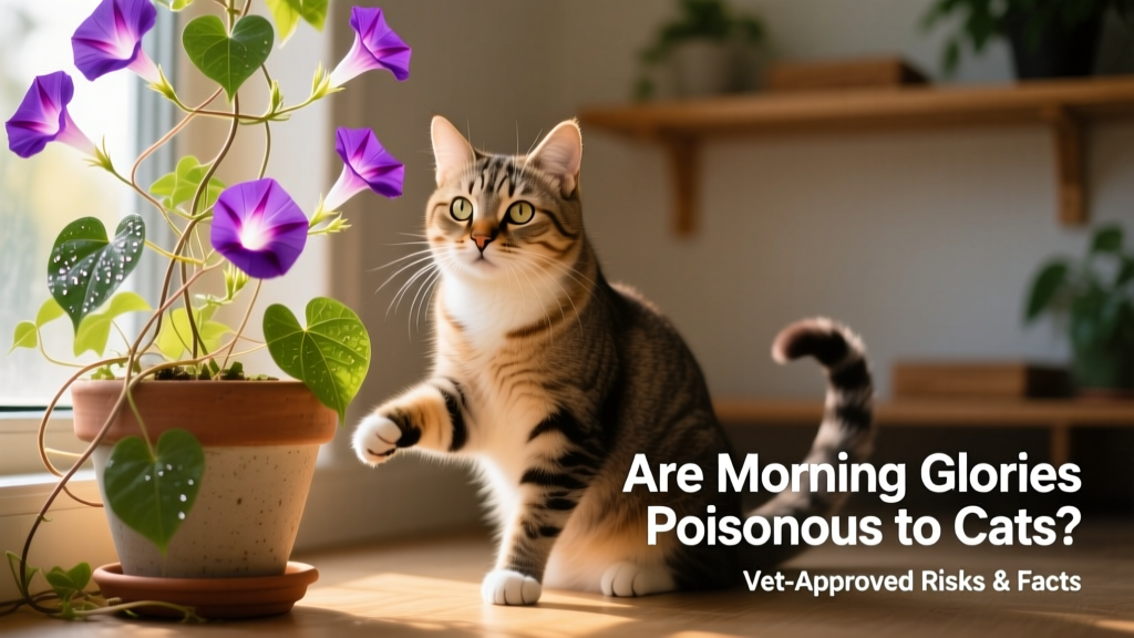 A domestic cat sitting near a potted morning glory vine, looking alert but slightly unsteady