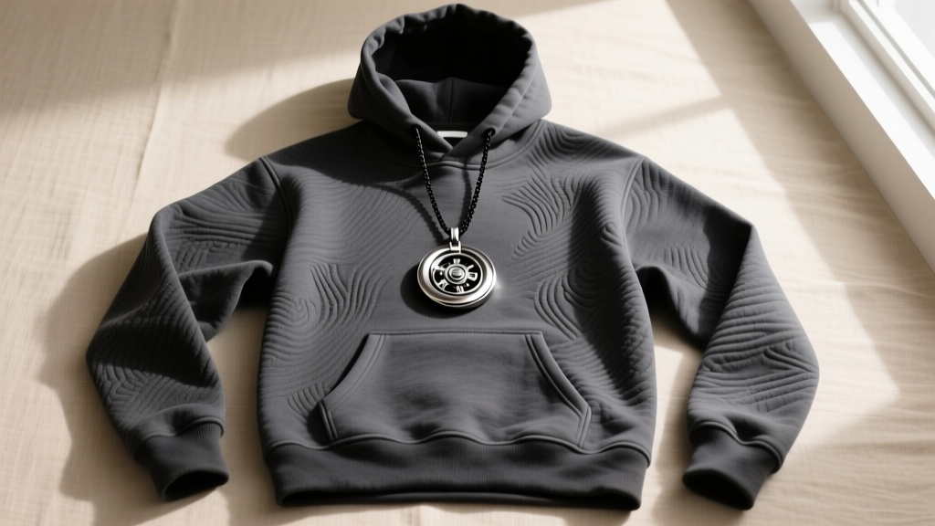 Flat lay of a modern streetwear outfit featuring a titanium kinetic counterweight pendant on a dark grey textured cotton hoodie