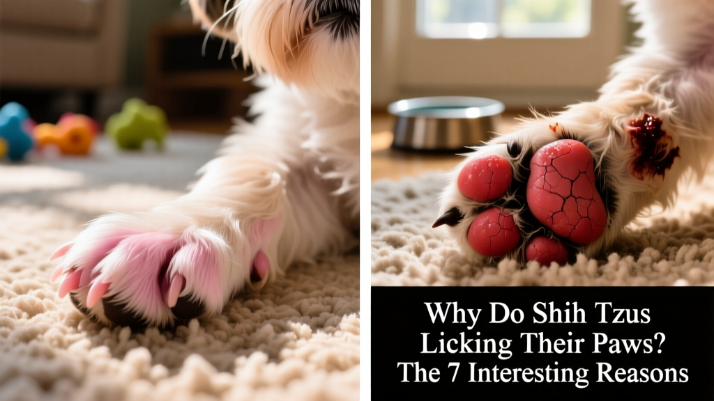 Side-by-side comparison showing healthy pink paw pads versus inflamed, reddened paws with visible moisture and dark staining from chronic licking