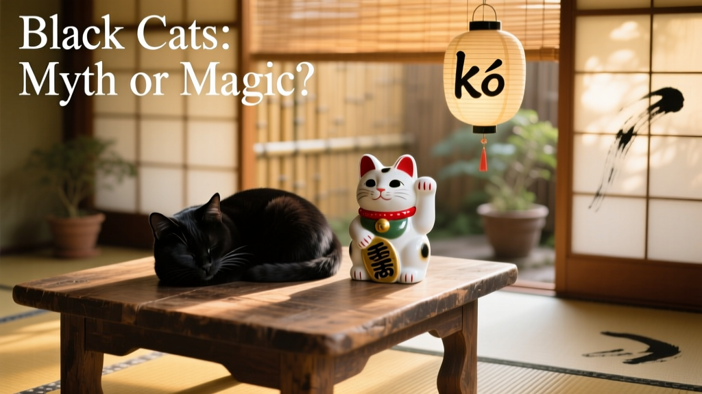 A black cat curled up beside a traditional Japanese maneki-neko figurine