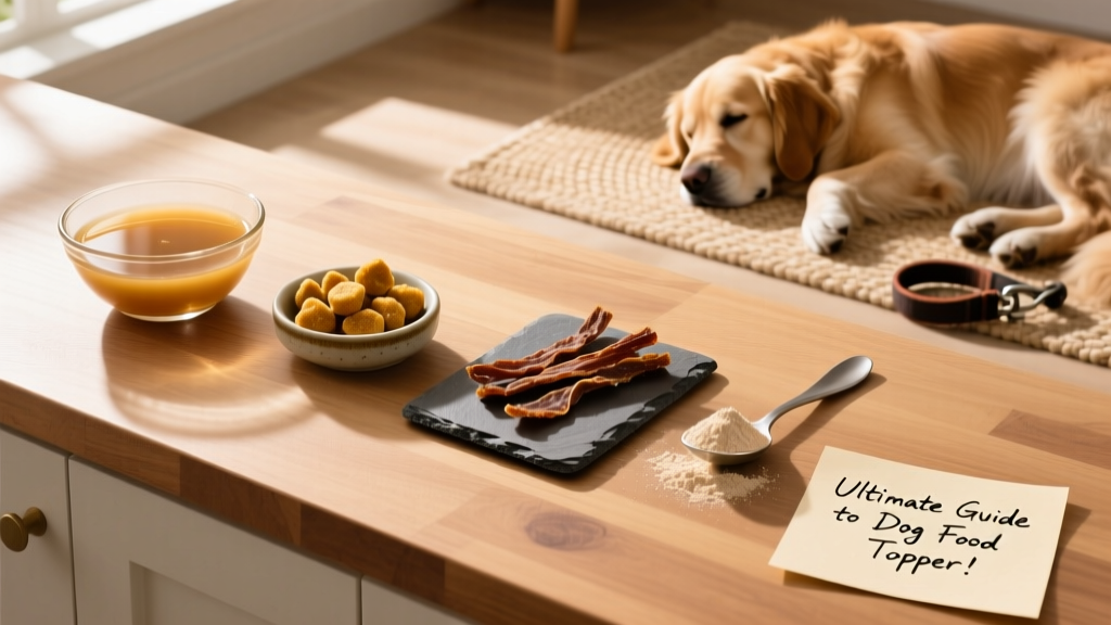 A side-by-side comparison of popular FurPetVo topper formats: broth, freeze-dried nuggets, air-dried strips, and powder, neatly arranged on a clean countertop